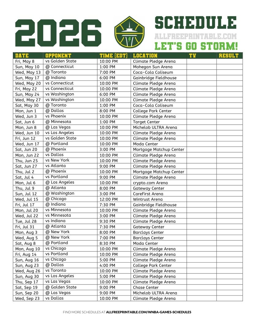 Free Printable 2026 Seattle Storm Schedule