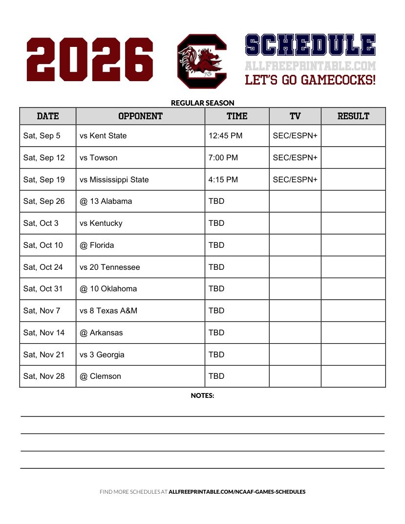 Free Printable 2026 South Carolina Gamecocks NCAAF Schedule PDF