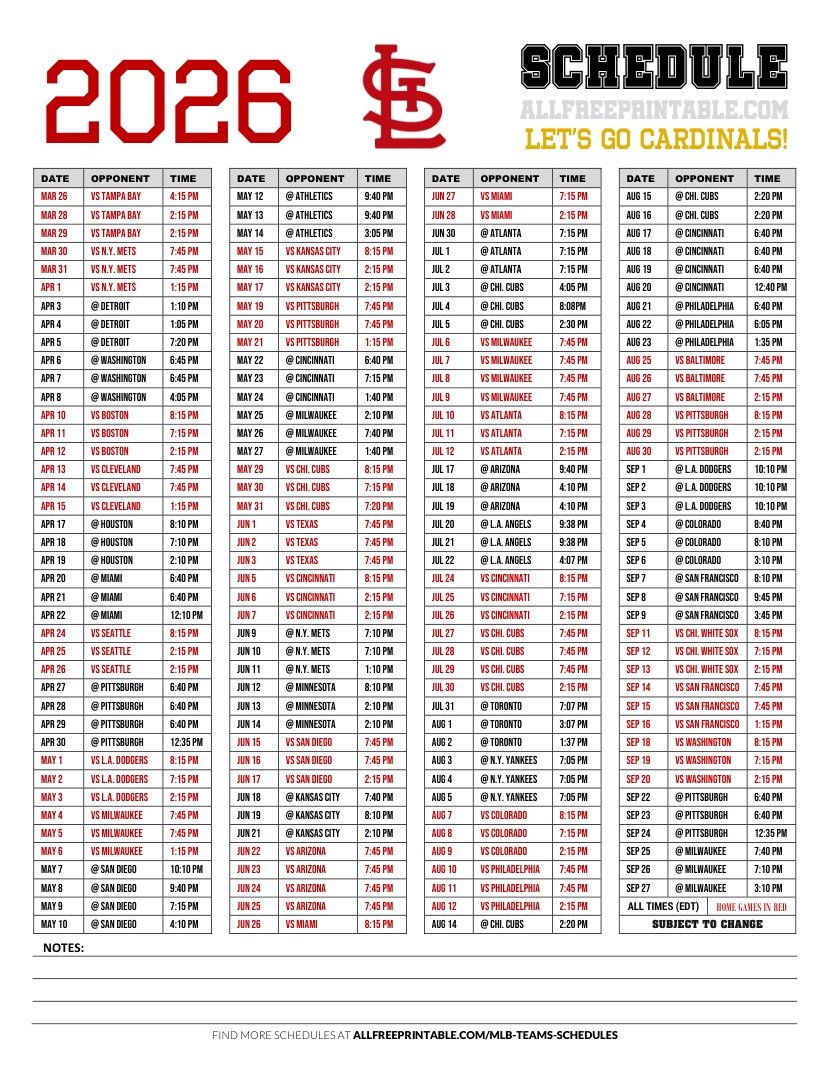 Free Printable 2026 St. Louis Cardinals Schedule PDF