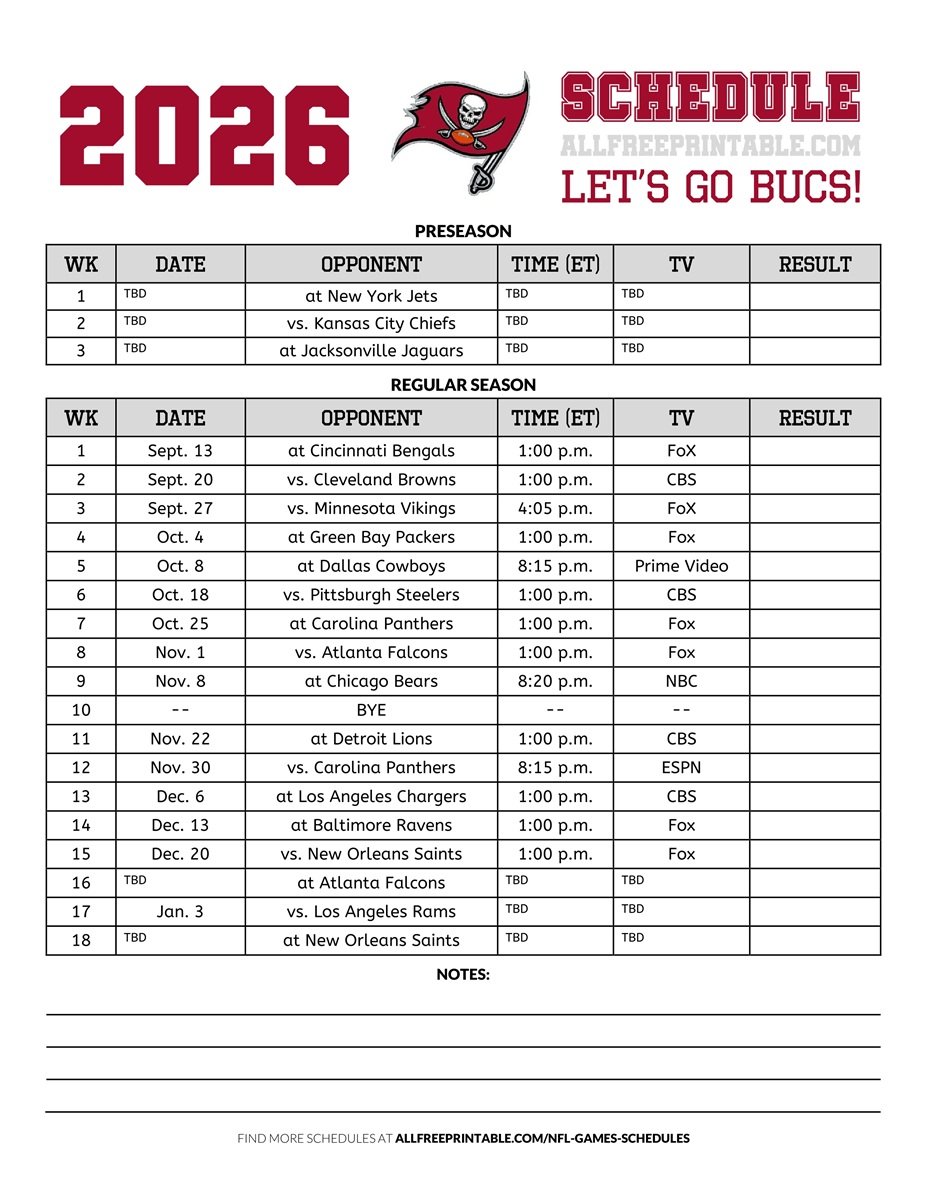 Free Printable 2026 Tampa Bay Buccaneers Schedule PDF