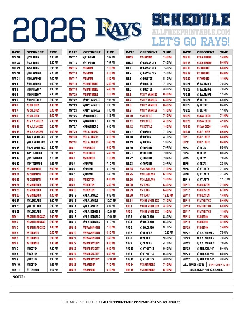 Free Printable 2026 Tampa Bay Rays Schedule PDF