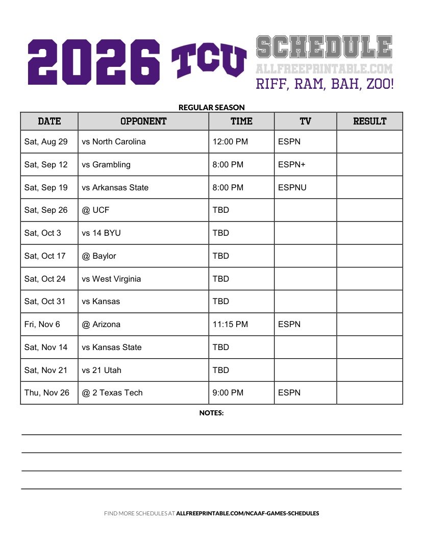 Free Printable 2026 TCU Horned Frogs NCAAF Schedule PDF