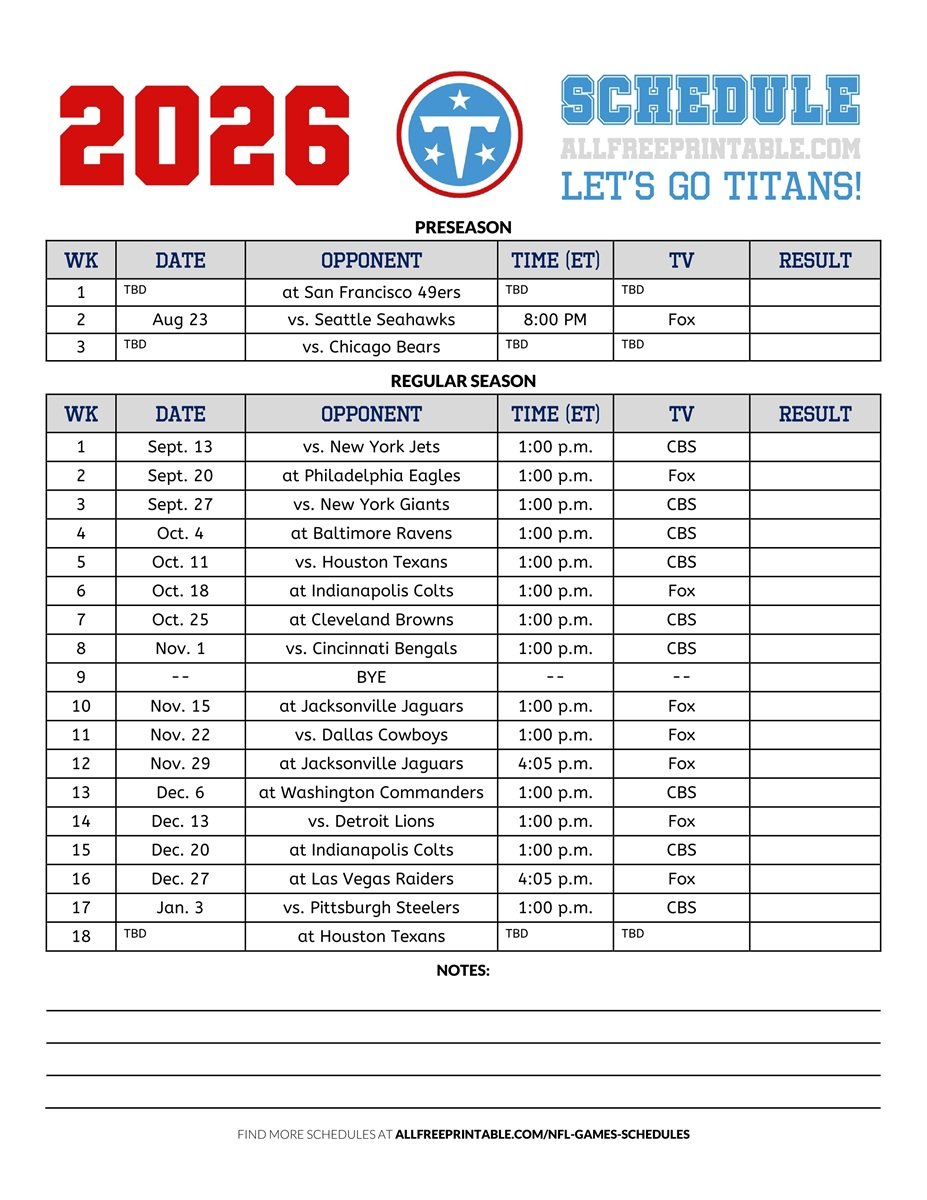 Free Printable 2026 Tennessee Titans Schedule