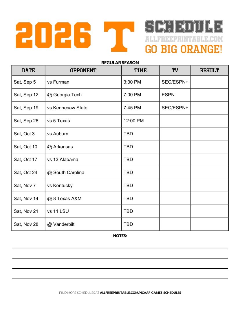 Free Printable 2026 Tennessee Volunteers NCAAF Schedule PDF