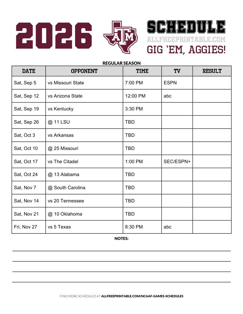 Free Printable 2026 Texas A&M Aggies NCAAF Schedule