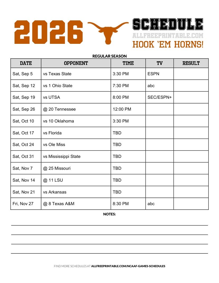 Free Printable 2026 Texas Longhorns NCAAF Schedule PDF