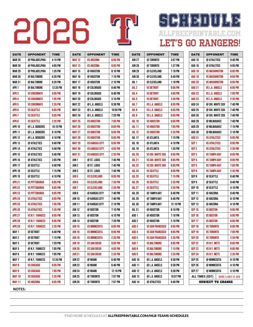 Free Printable 2026 Texas Rangers Schedule PDF