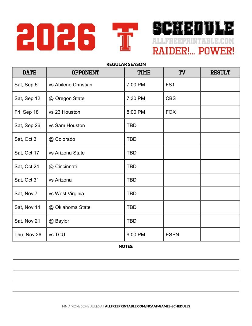 Free Printable 2026 Texas Tech Red Raiders NCAAF Schedule PDF