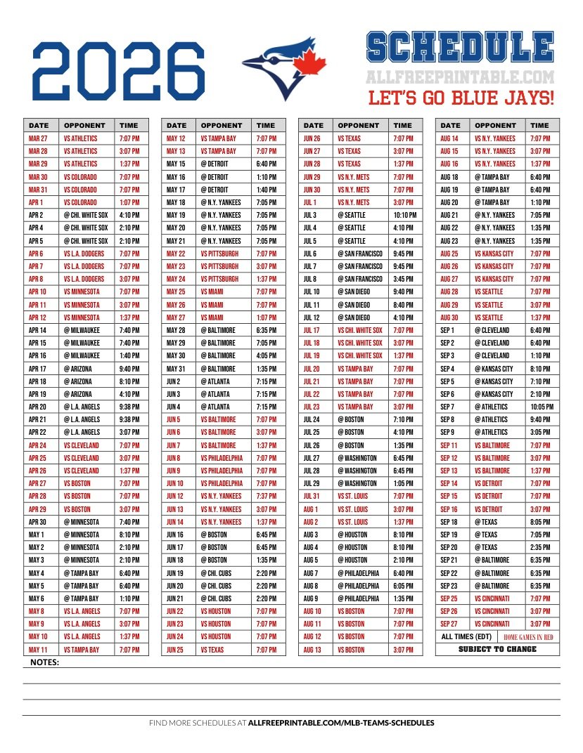 Free Printable 2026 Toronto Blue Jays Schedule PDF