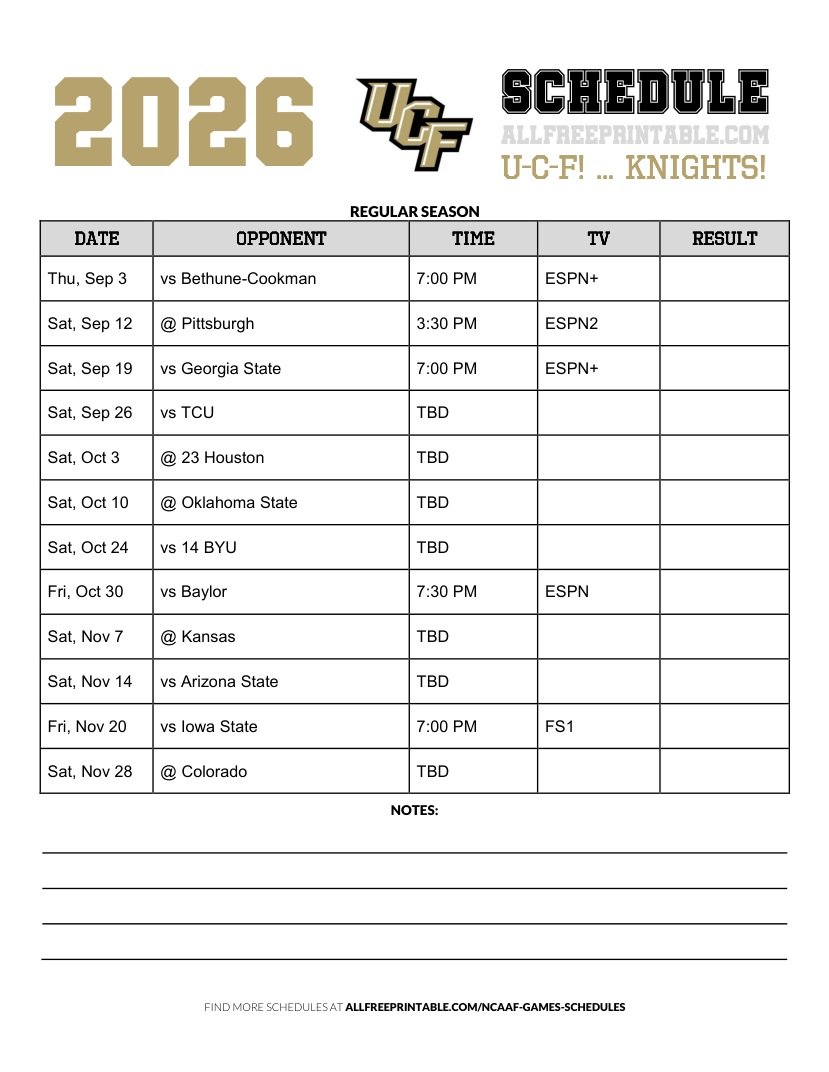 Free Printable 2026 UCF Knights NCAAF Schedule PDF