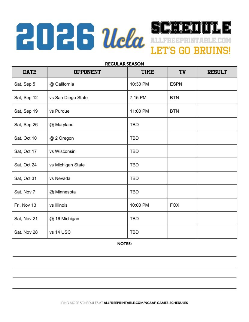 Free Printable 2026 UCLA Bruins NCAAF Schedule PDF