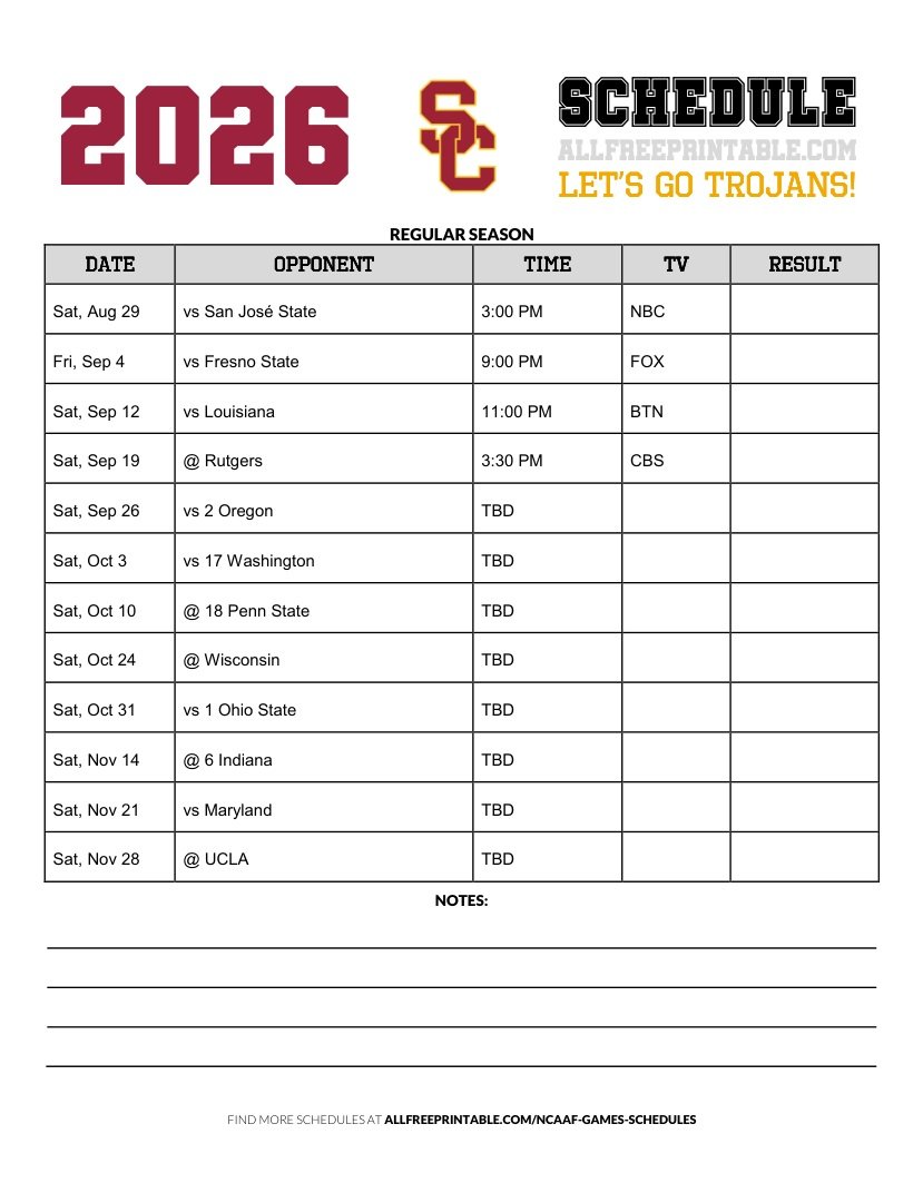 Free Printable 2026 USC Trojans NCAAF Schedule