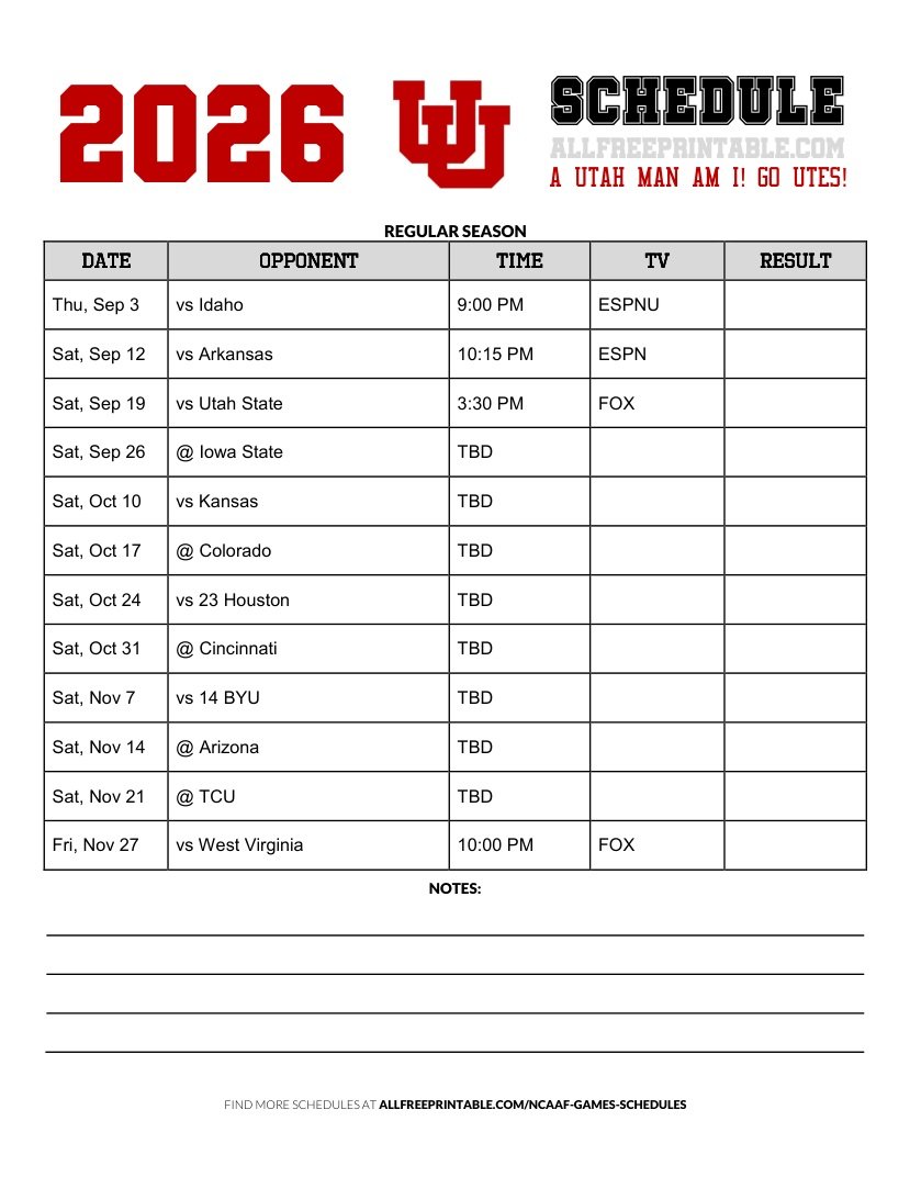 Free Printable 2026 Utah Utes NCAAF Schedule PDF