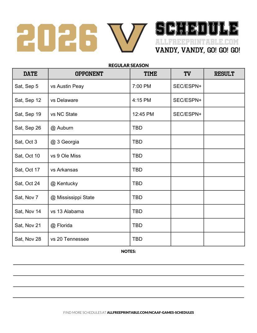 Free Printable 2026 Vanderbilt Commodores NCAAF Schedule
