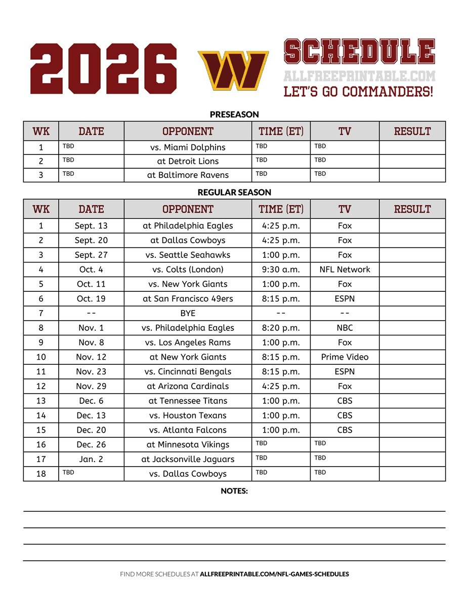 Free Printable 2026 Washington Commanders Schedule