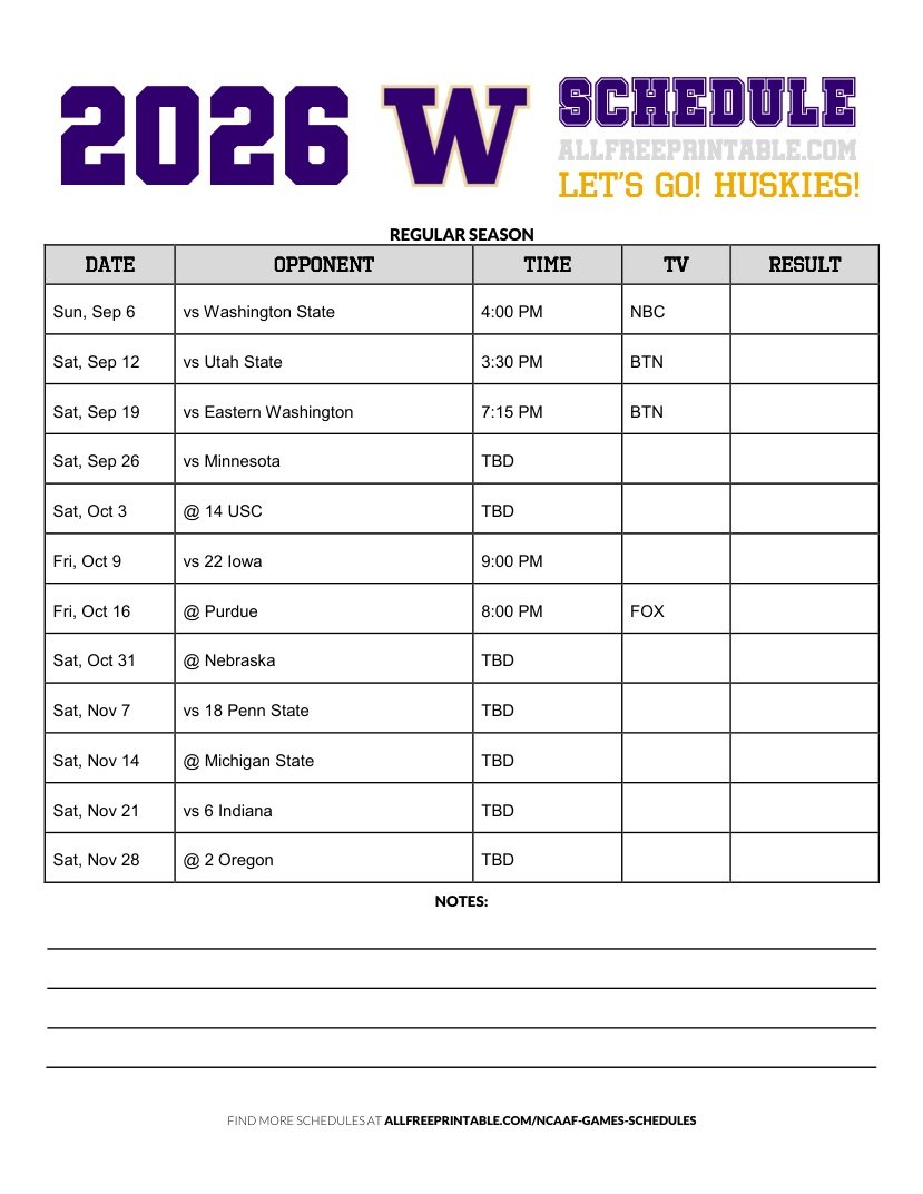 Free Printable 2026 Washington Huskies NCAAF Schedule