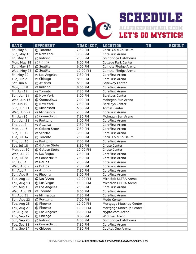 Free Printable 2026 Washington Mystics Schedule PDF