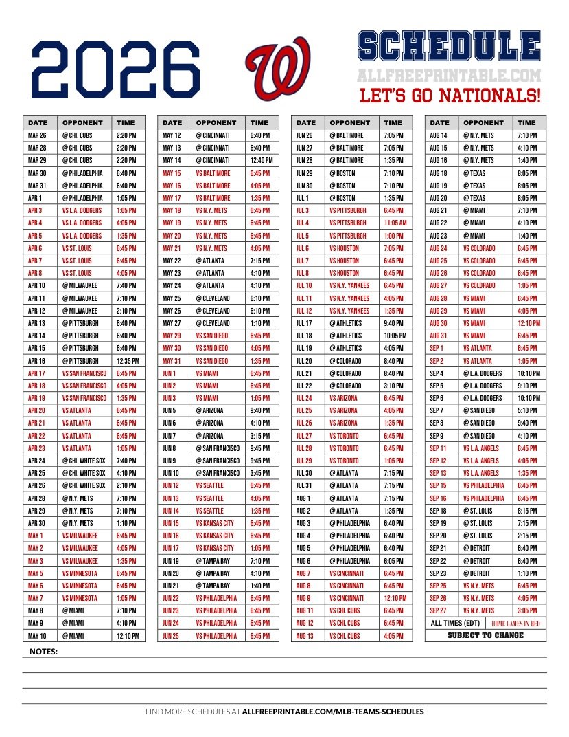 Free Printable 2026 Washington Nationals Schedule PDF