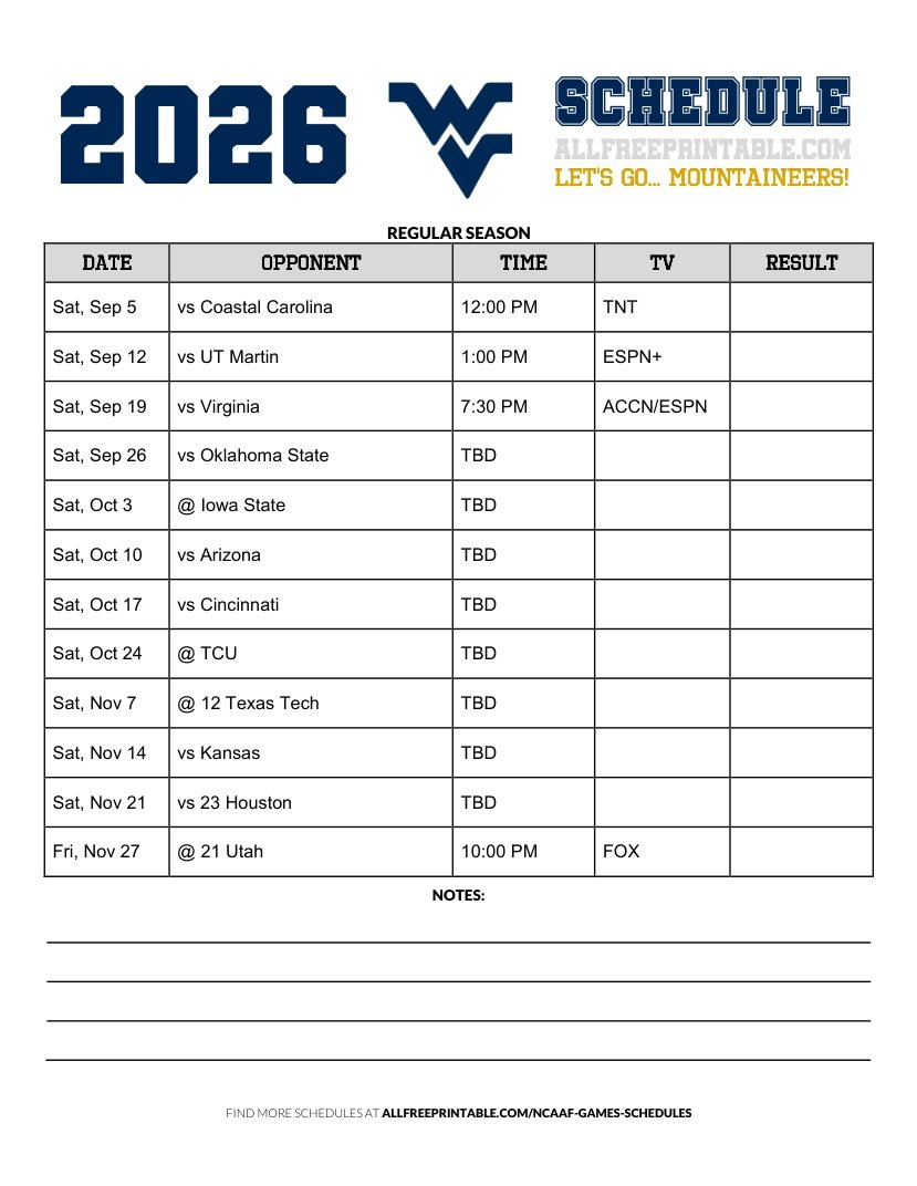 Free Printable 2026 West Virginia Mountaineers NCAAF Schedule PDF