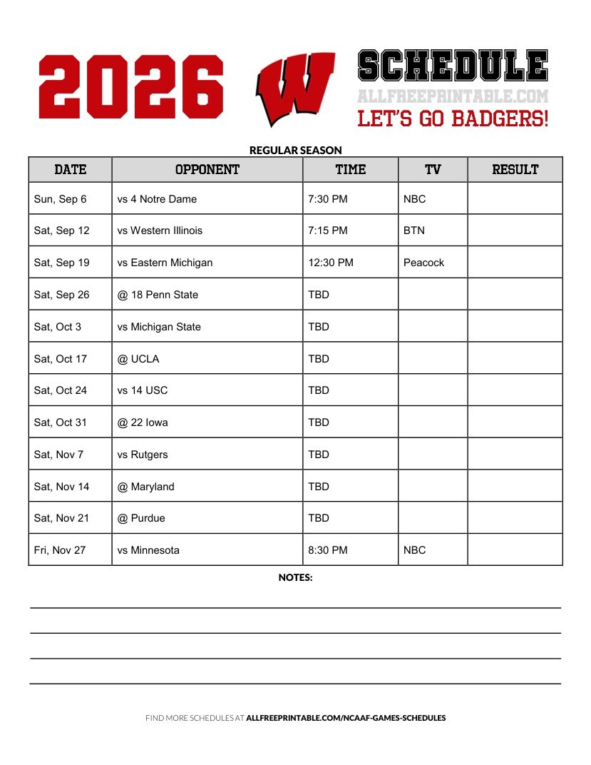 Free Printable 2026 Wisconsin Badgers NCAAF Schedule PDF