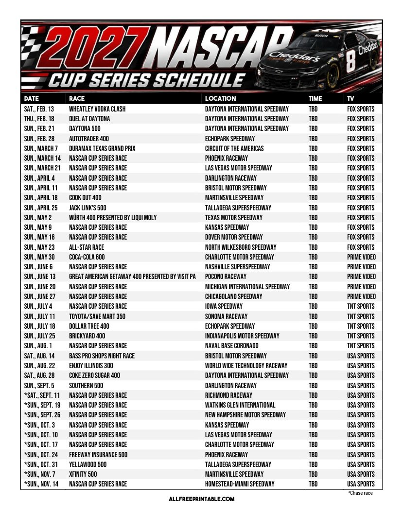 Free Printable 2027 NASCAR Cup Series Schedule