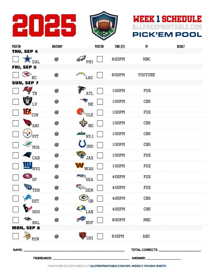 Free Printable NFL Week 1 Pick'em Sheet 2025Schedule