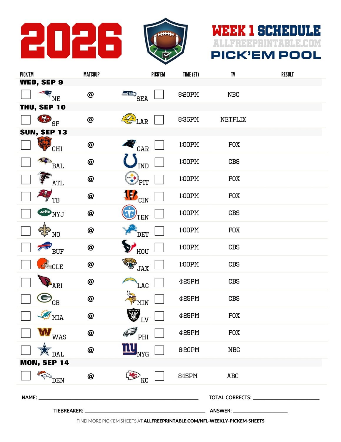 Free Printable NFL Week 1 Pick'em Sheet 2026 PDF