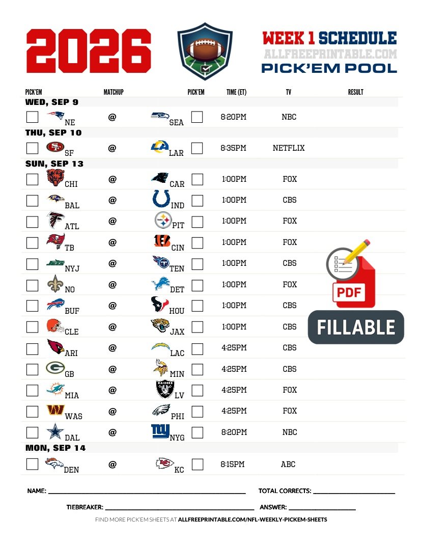 Free Printable NFL Week 1 Pick'em Sheet 2026 (PDF Schedule & Picks)
