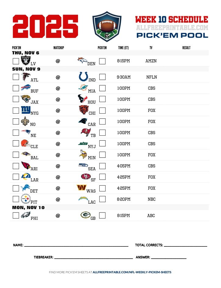 Free Printable NFL Week 10 Pick'em Sheet 2025
