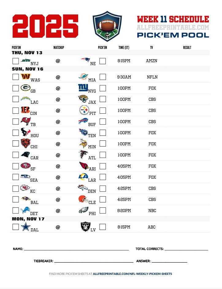 Free Printable NFL Week 11 Pick'em Sheet 2025