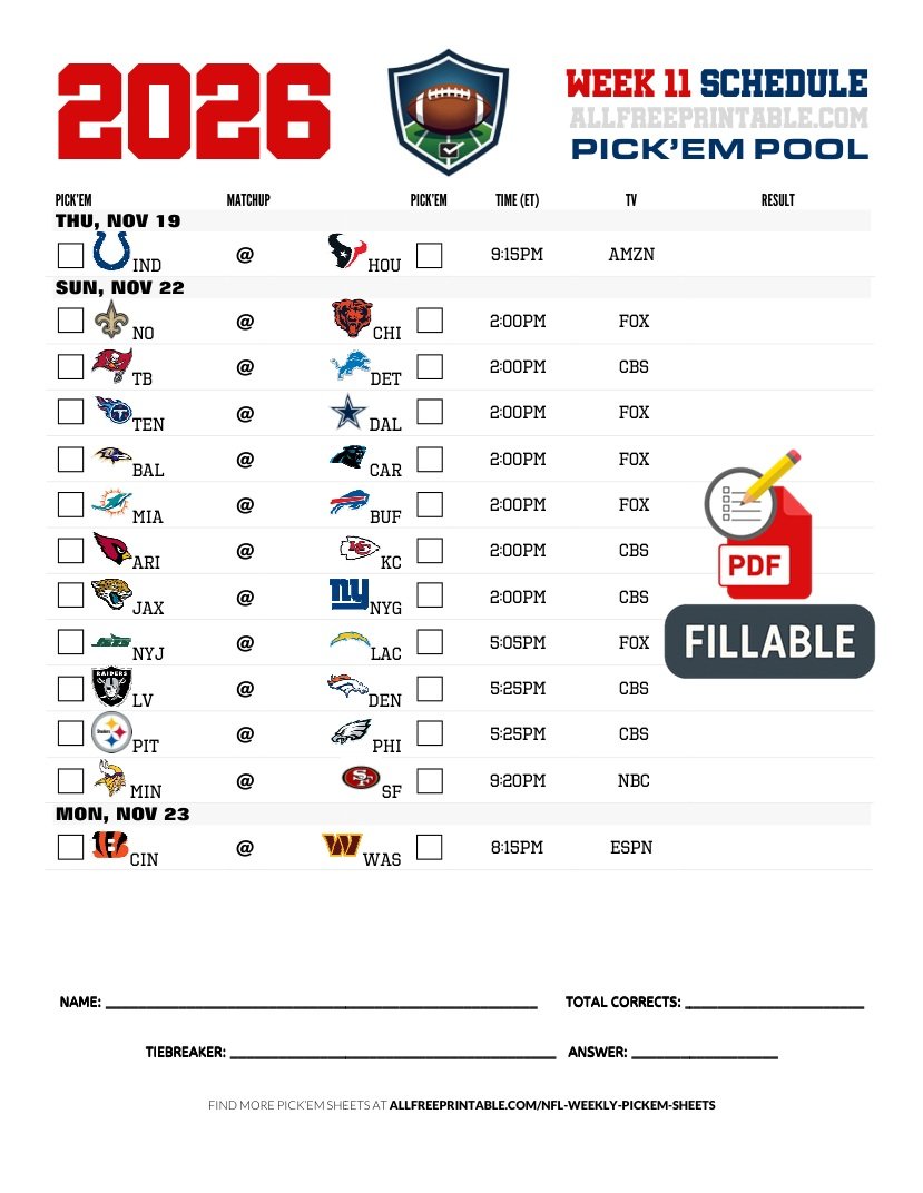 Free Printable NFL Week 11 Pick'em Sheet 2026 (PDF Schedule & Picks)