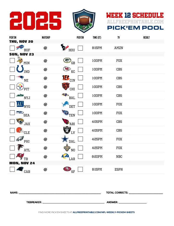 Free Printable NFL Week 12 Pick'em Sheet 2025 (PDF Schedule & Picks)