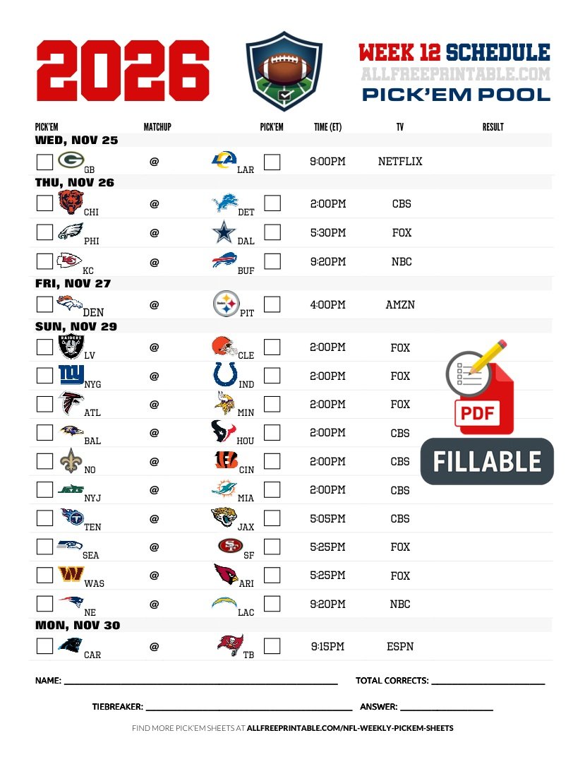 Free Printable NFL Week 12 Pick'em Sheet 2026 (PDF Schedule & Picks)