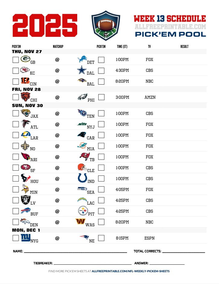 Free Printable NFL Week 13 Pick'em Sheet 2025 (PDF Schedule & Picks)