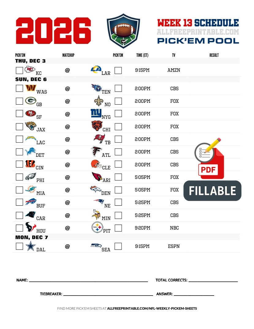 Free Printable NFL Week 13 Pick'em Sheet 2026 (PDF Schedule & Picks)