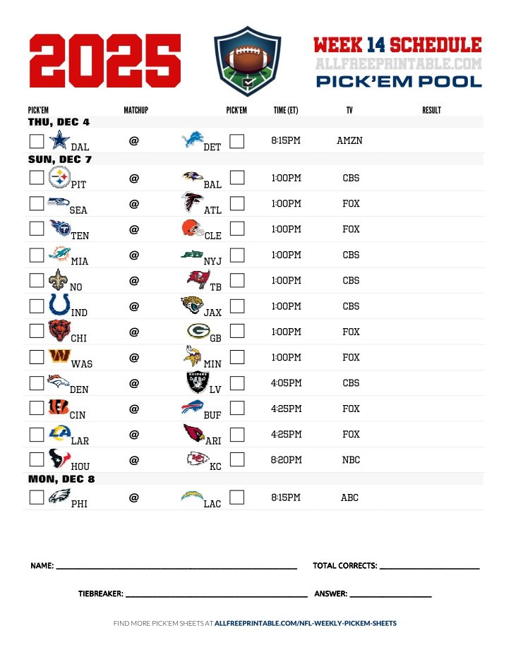 Free Printable NFL Week 14 Pick'em Sheet 2025 (PDF Schedule & Picks)