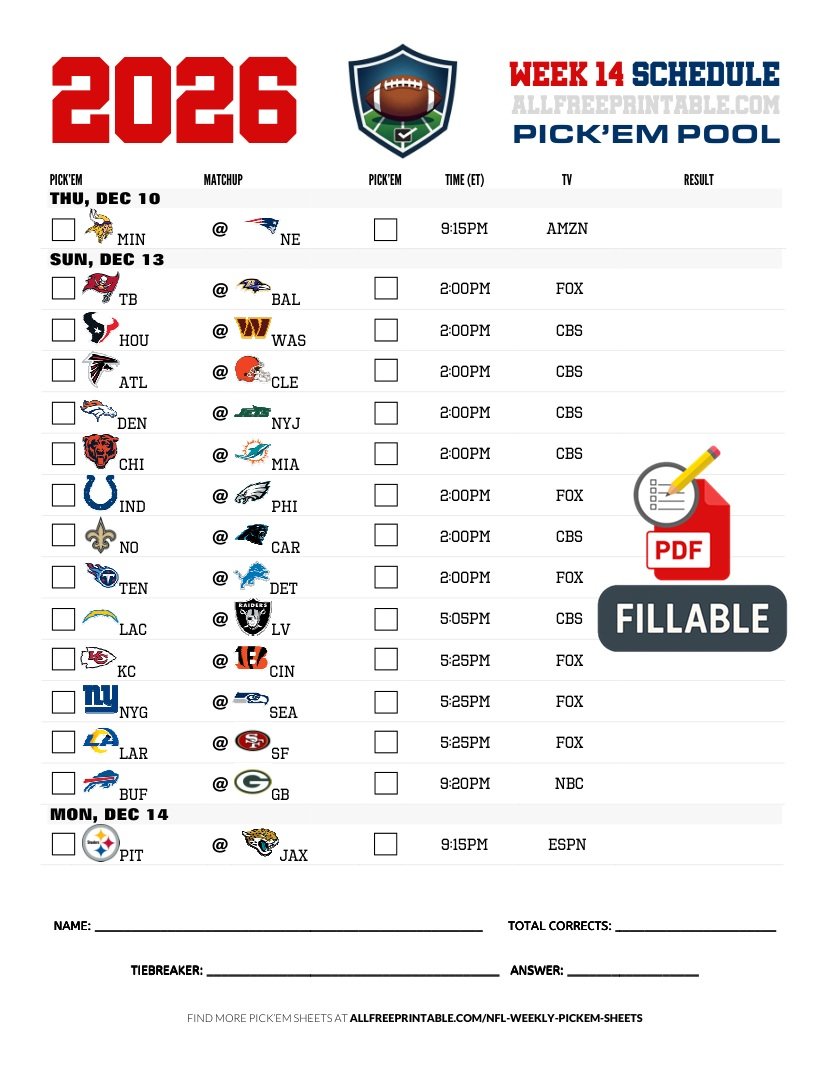 Free Printable NFL Week 14 Pick'em Sheet 2026 (PDF Schedule & Picks)