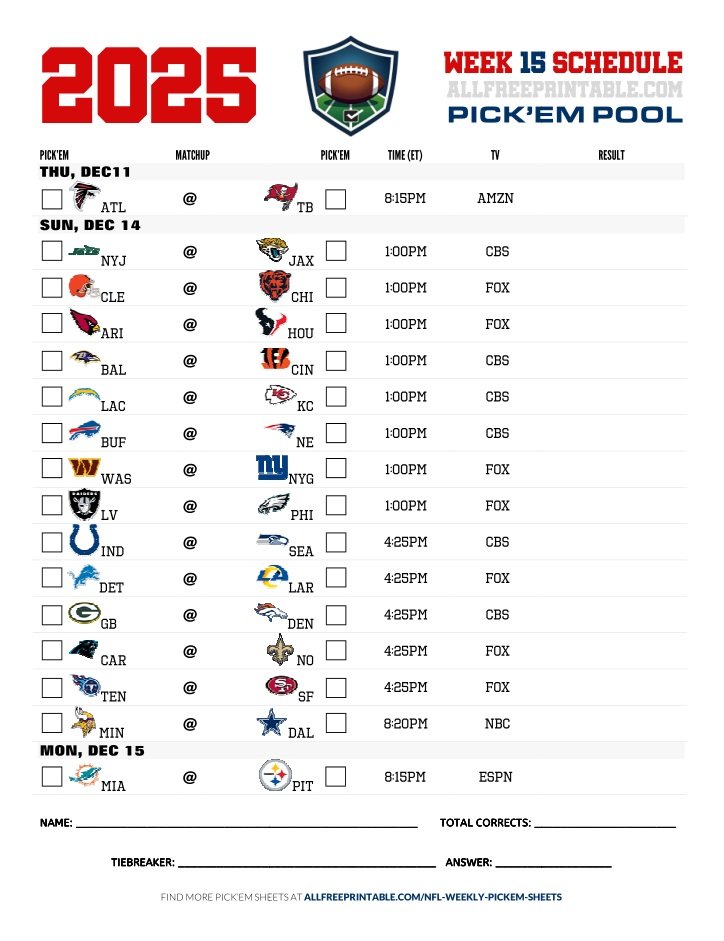Free Printable NFL Week 15 Pick'em Sheet 2025 (PDF Schedule & Picks)