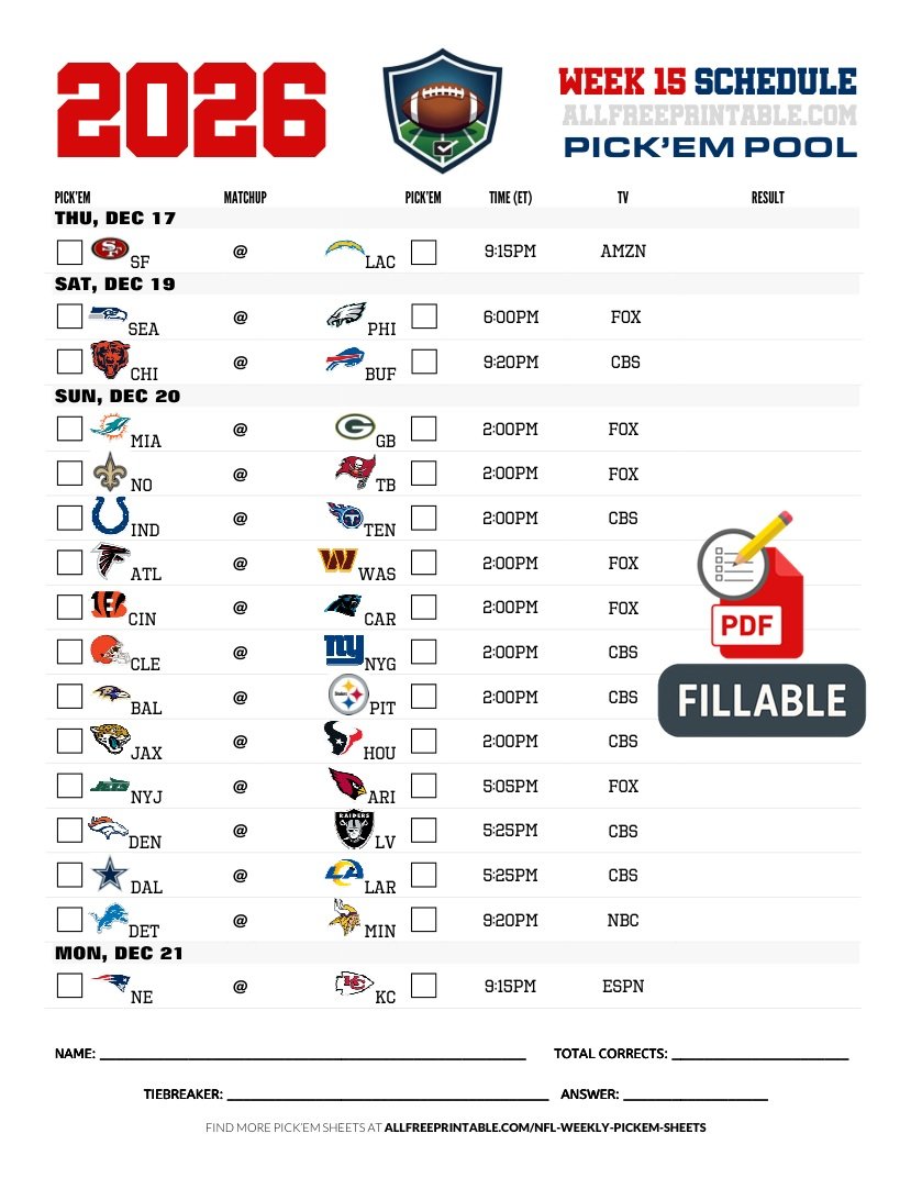 Free Printable NFL Week 15 Pick'em Sheet 2026 (PDF Schedule & Picks)