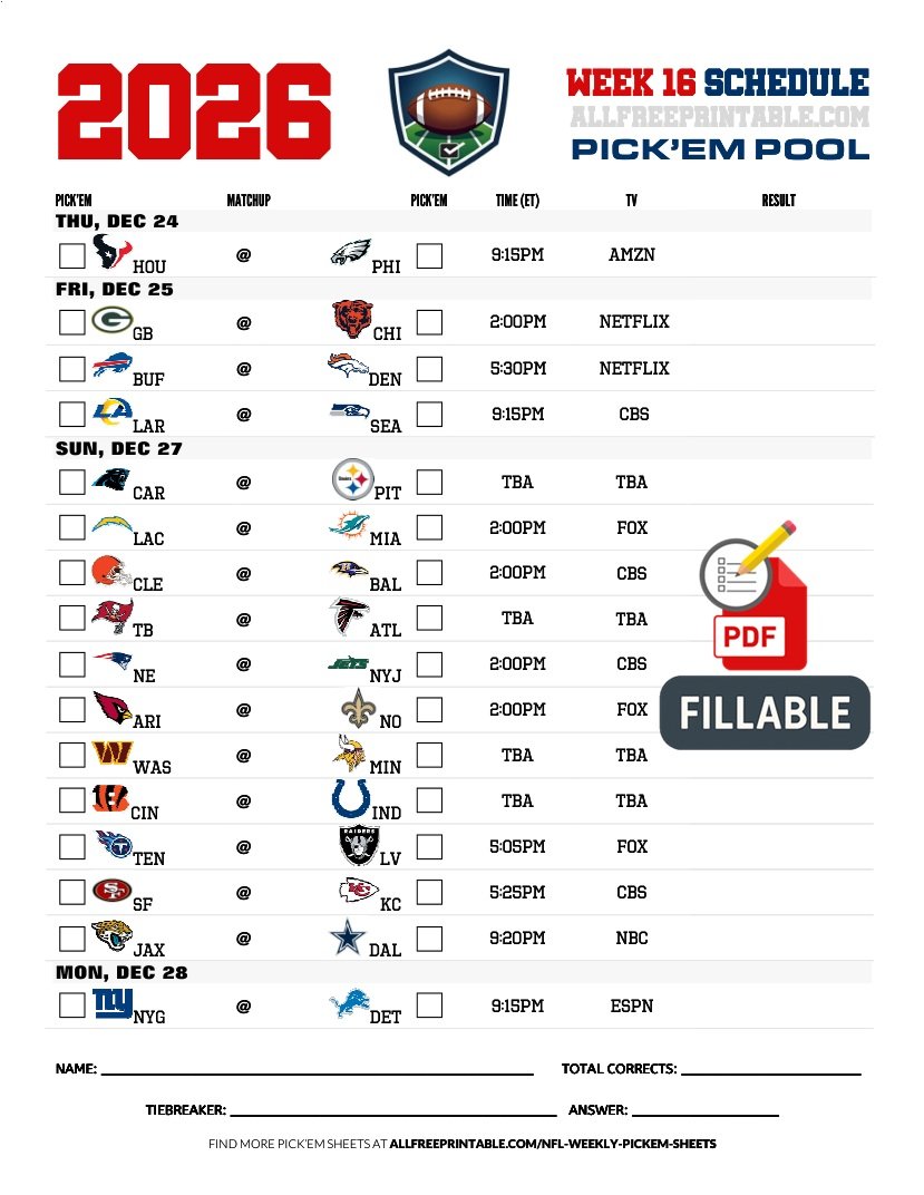 Free Printable NFL Week 16 Pick'em Sheet 2026 (PDF Schedule & Picks)