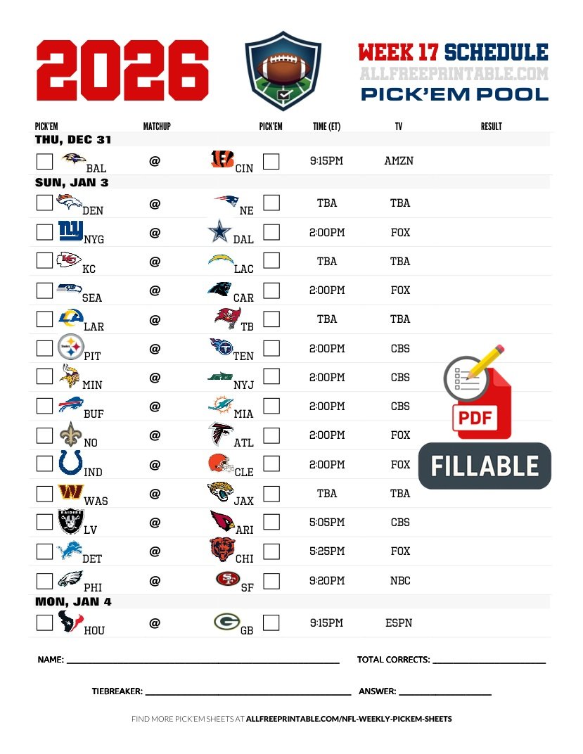 Free Printable NFL Week 17 Pick'em Sheet 2026 (PDF Schedule & Picks)