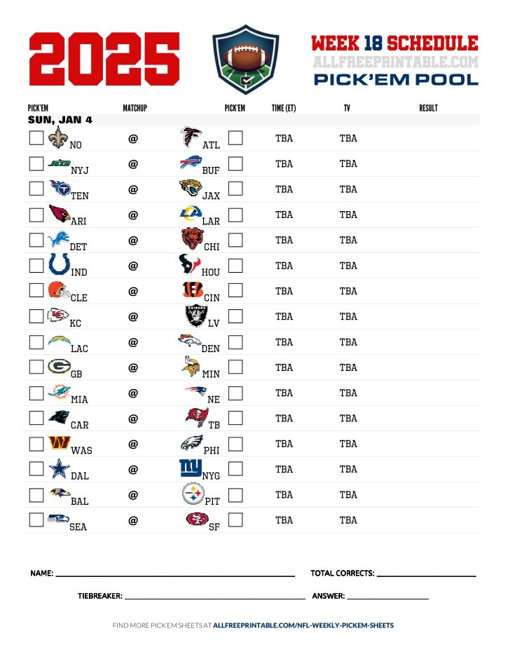 Free Printable NFL Week 18 Pick'em Sheet 2025 (PDF Schedule & Picks)