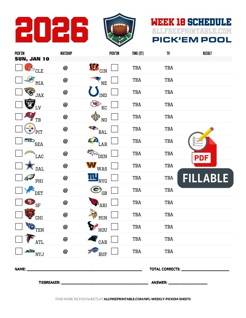 Free Printable NFL Week 18 Pick'em Sheet 2026 (PDF Schedule & Picks)