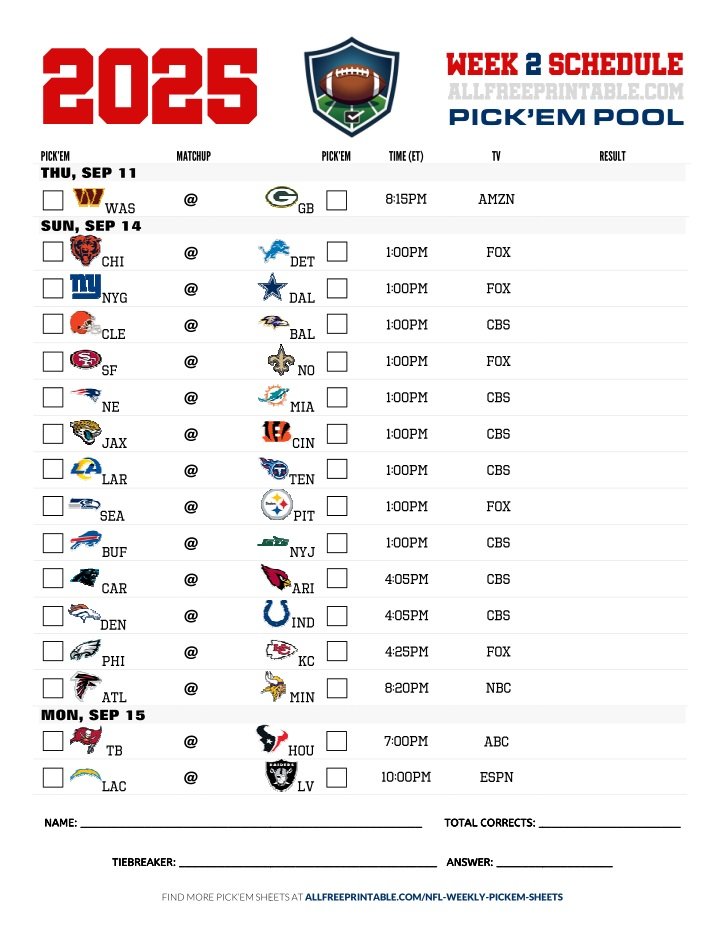 Free Printable NFL Week 2 Pick'em Sheet 2025