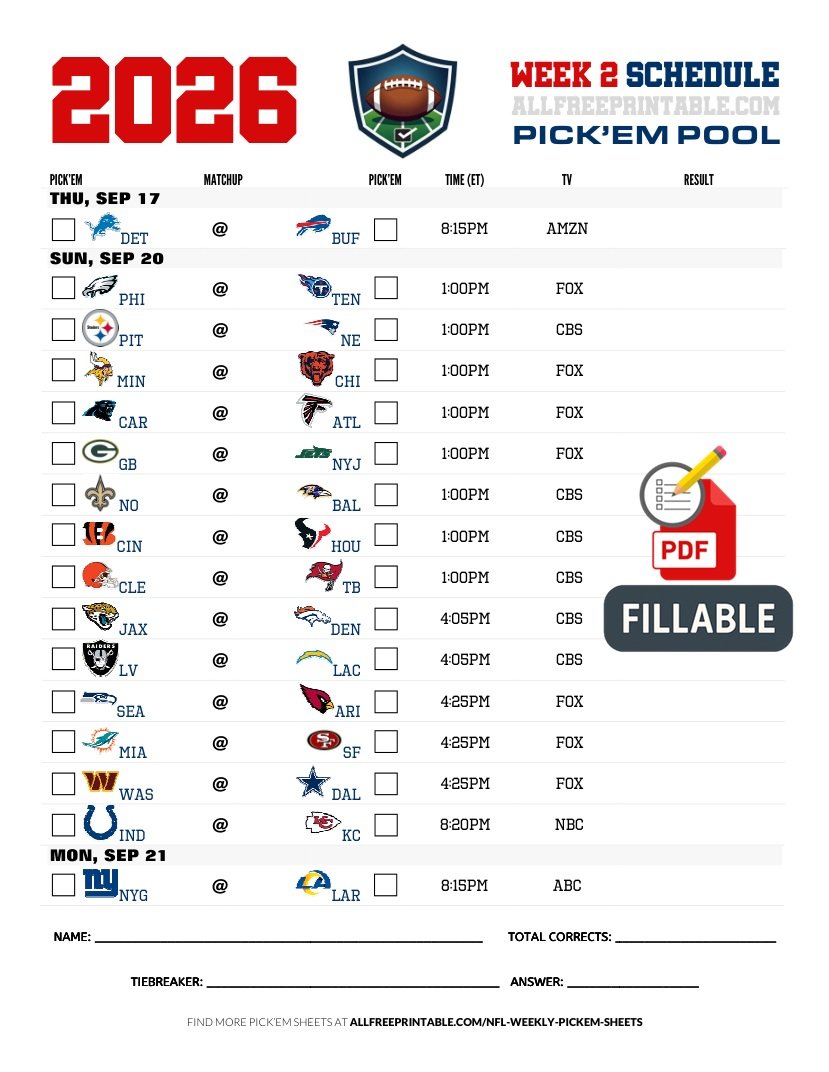 Free Printable NFL Week 2 Pick'em Sheet 2026 (PDF Schedule & Picks)