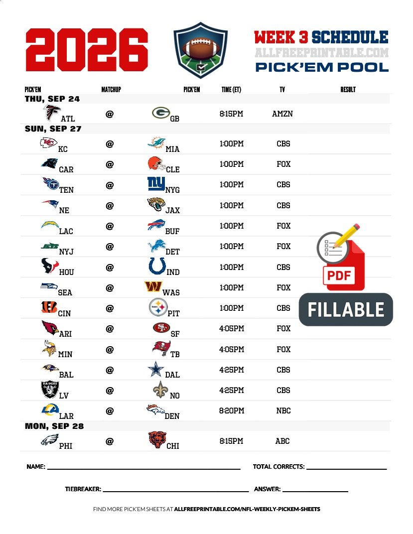 Free Printable NFL Week 3 Pick'em Sheet 2026 (PDF Schedule & Picks)