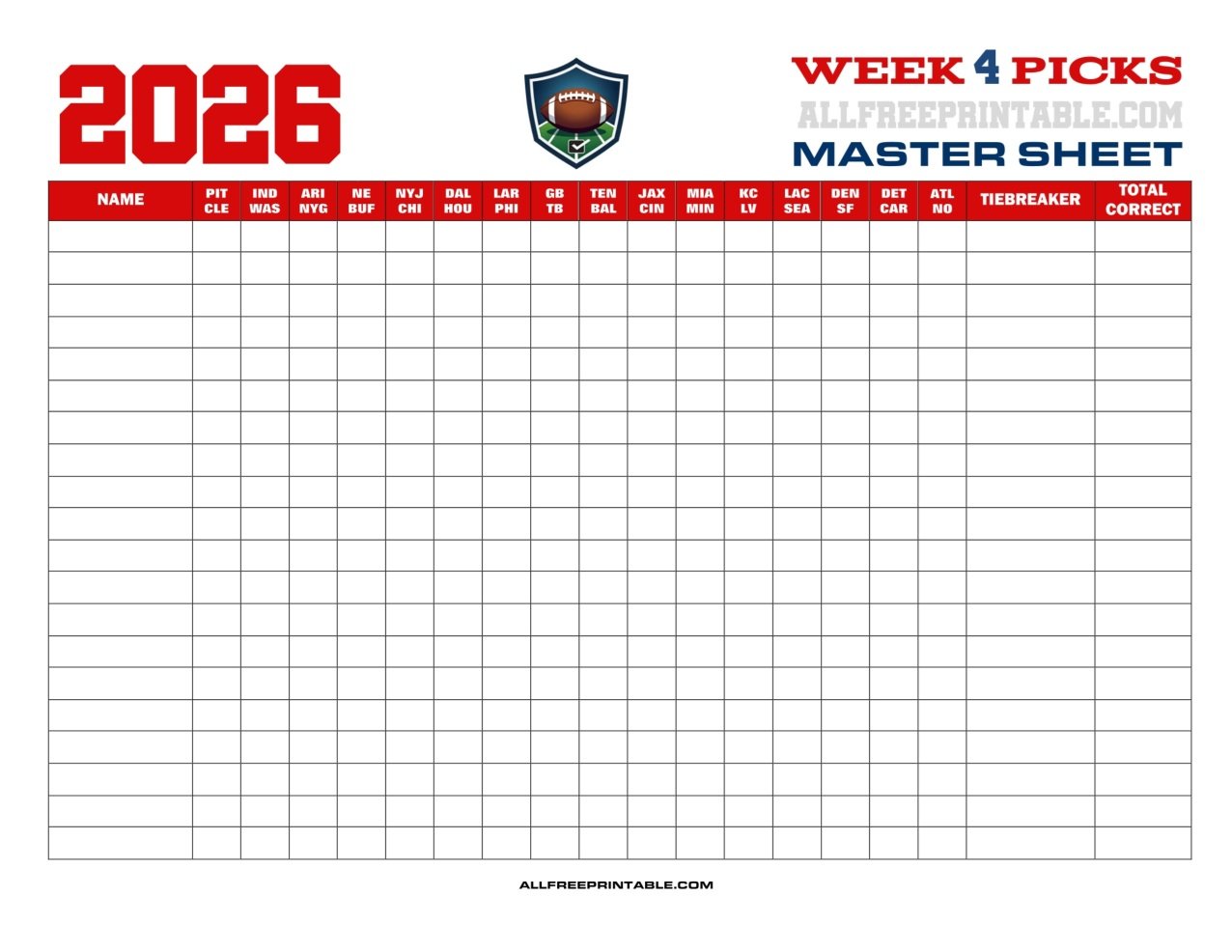 Free Printable NFL Week 4 Pick'em Master Sheet 2026 PDF