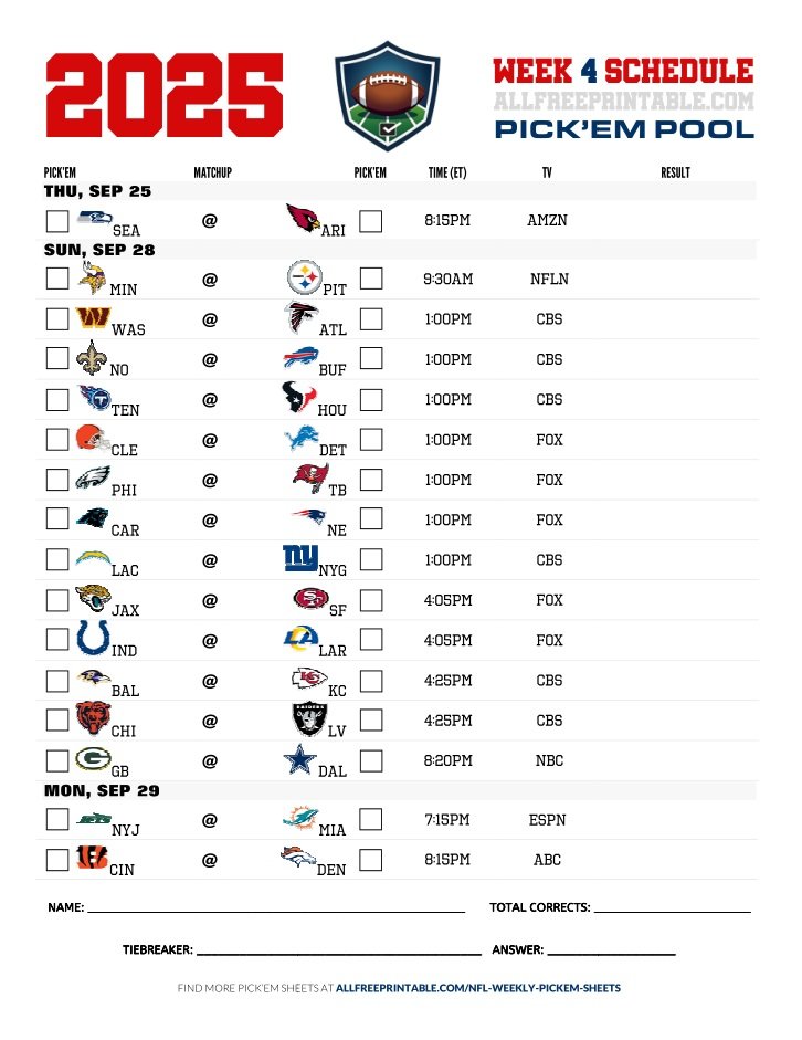 Free Printable NFL Week 4 Pick'em Sheet 2025