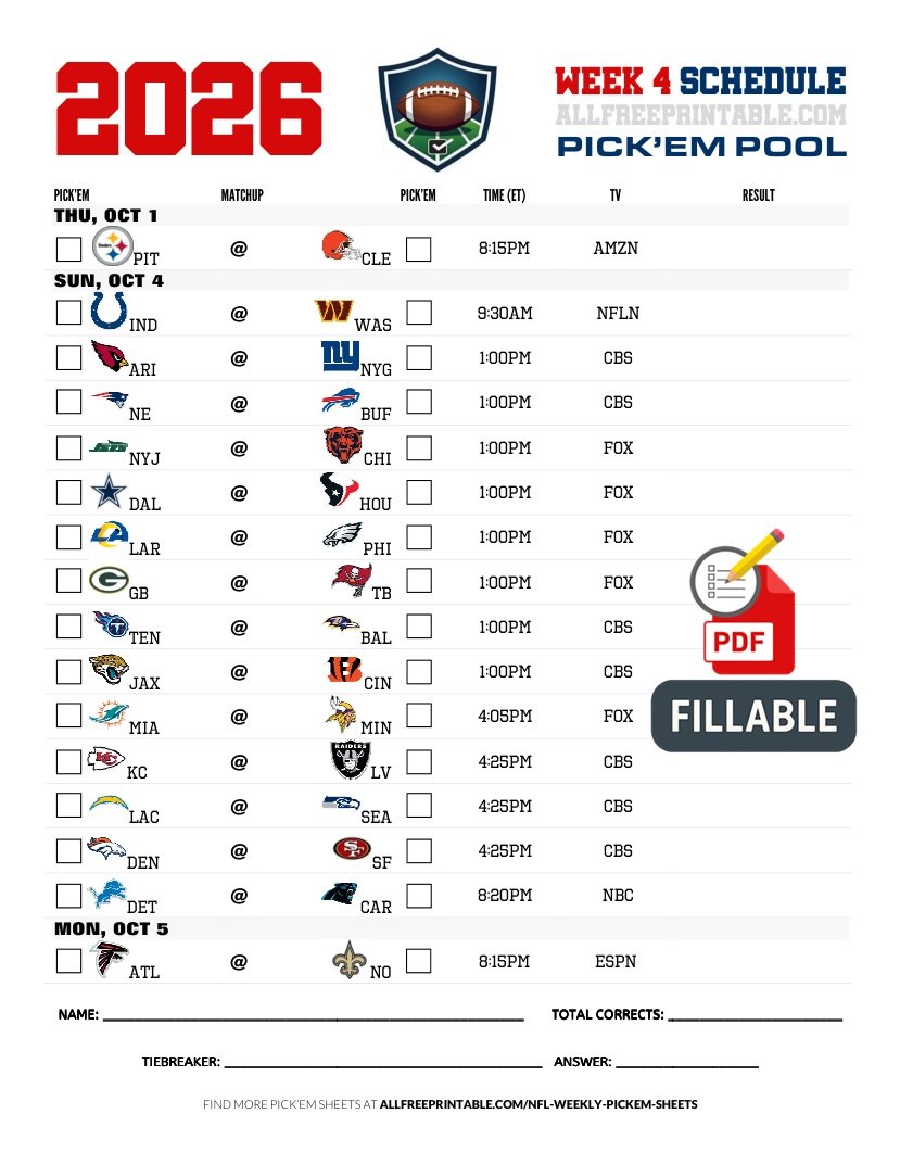 Free Printable NFL Week 4 Pick'em Sheet 2026 (PDF Schedule & Picks)