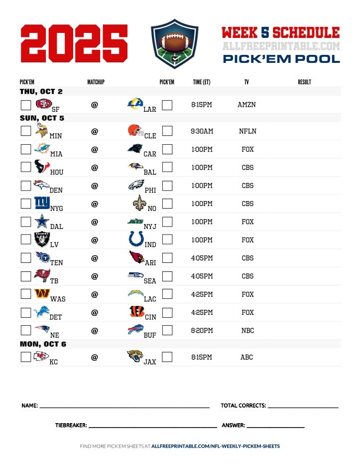 Free Printable NFL Week 5 Pick'em Sheet 2025